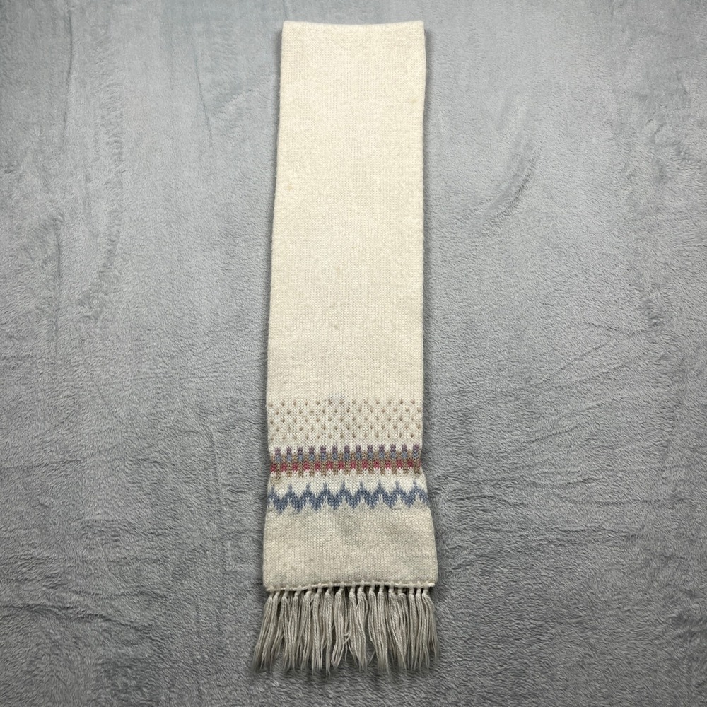 Vintage Hansen Knit Scarf Cream Fair Isle Geometric Fringe Made in USA Unisex OS